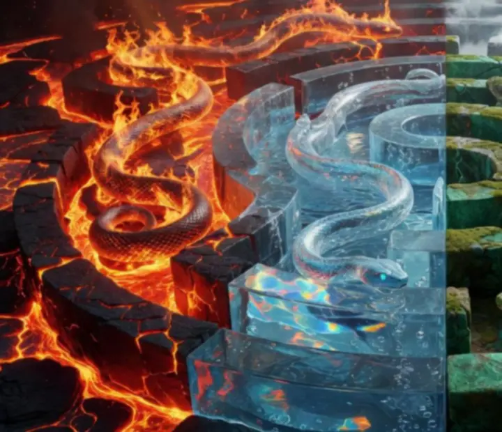 Elemi témájú szintek Tűz, Víz, Föld és Levegő kígyókkal sötét fantasy-puzzle labirintusban