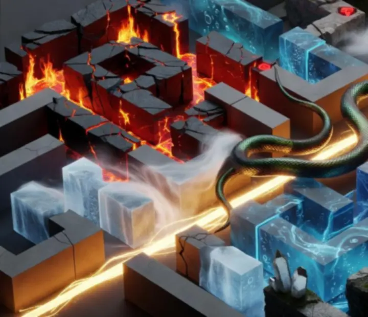 Glowing 3D útvonal ábrázolás elemi akadályok között kanyargó kígyóval