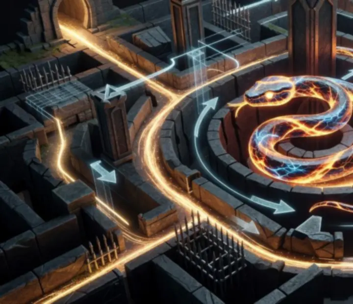 3D-stílusú megoldási diagram kígyóútvonalakkal és kiemelt kijárattal