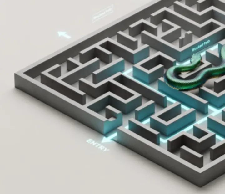 3D solve-the-maze diagram egy elemi kígyó kijárathoz vezető útvonalával